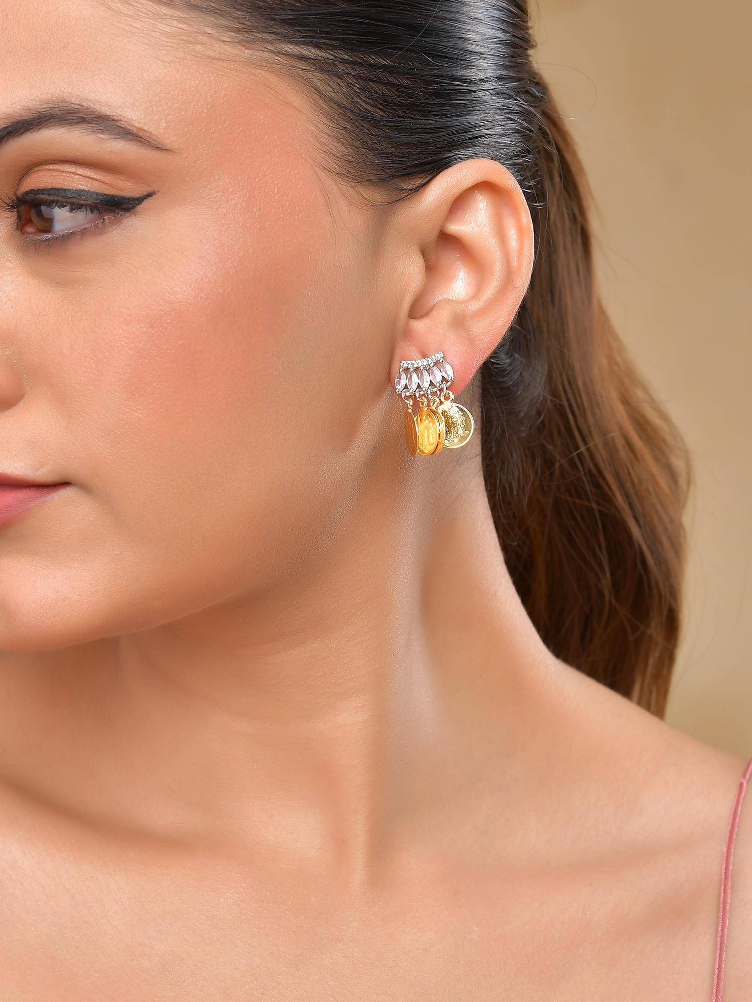 VOJ Gold Plated Small Coin and Stone Studded Drop Earrings