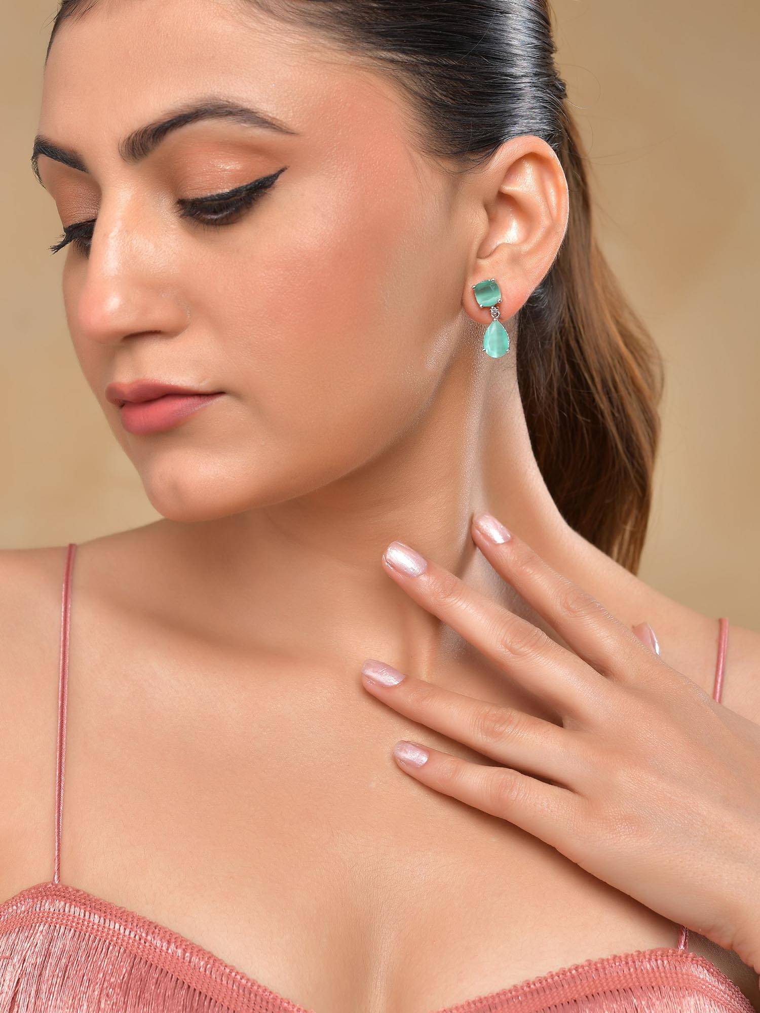 VOJ Silver Plated Sea Green Stone Studded Studs Earrings