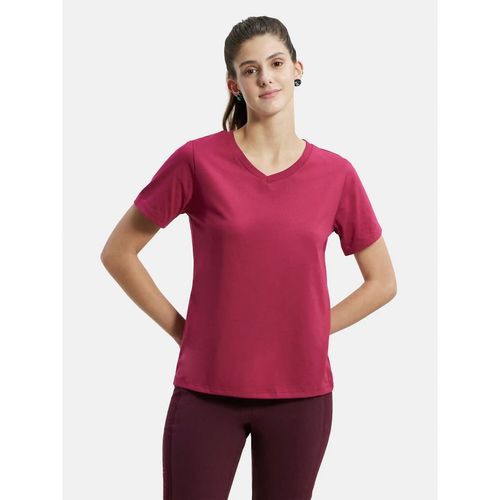 Jockey AW88 Women Cotton Rich Relaxed Fit Curved Hem Styled T-Shirt Red  Plum (L)
