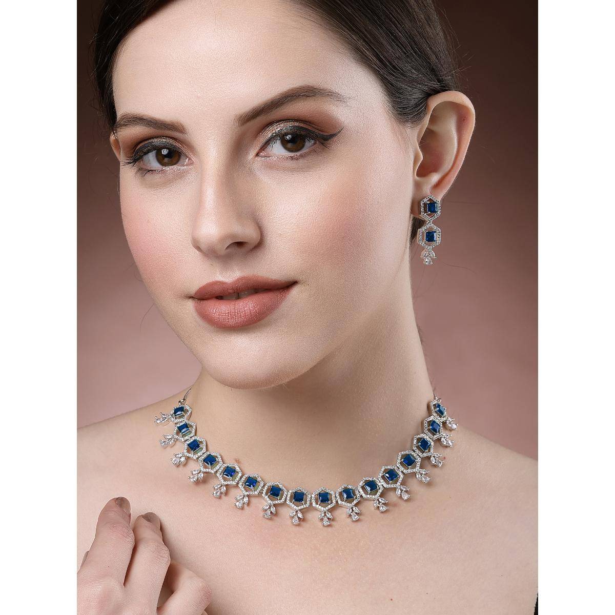 Karatcart Blue Cubic Zirconia Studded Light Weight Jewellery Set for Women