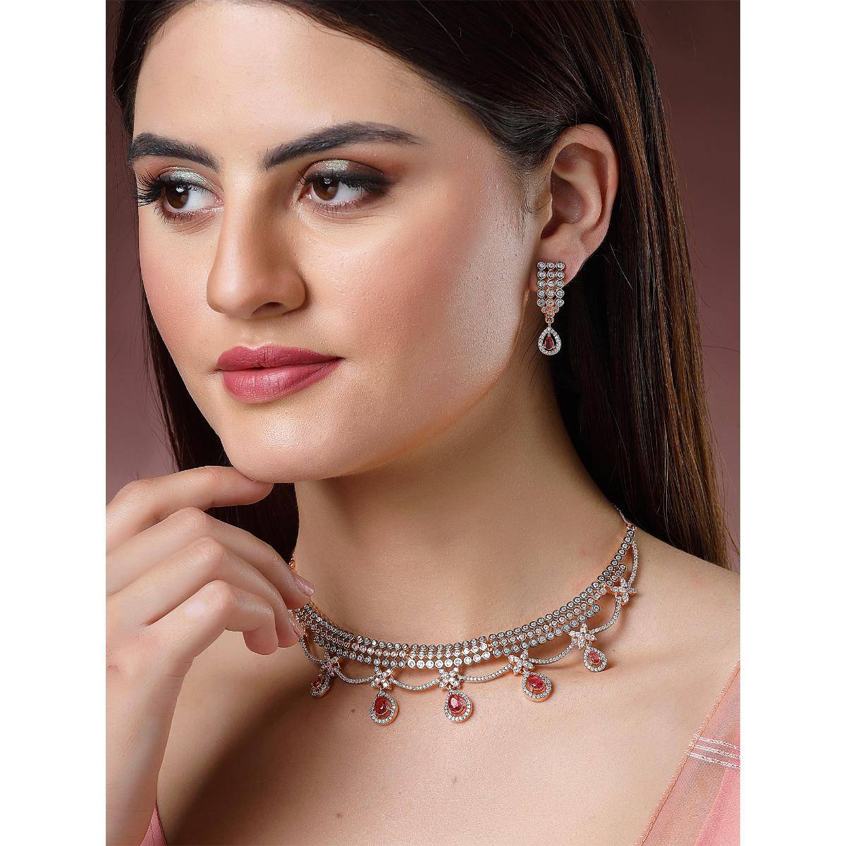 Karatcart Elegant Rose Gold Plated Jewellery Set with Red Cubic Zirconia for Women
