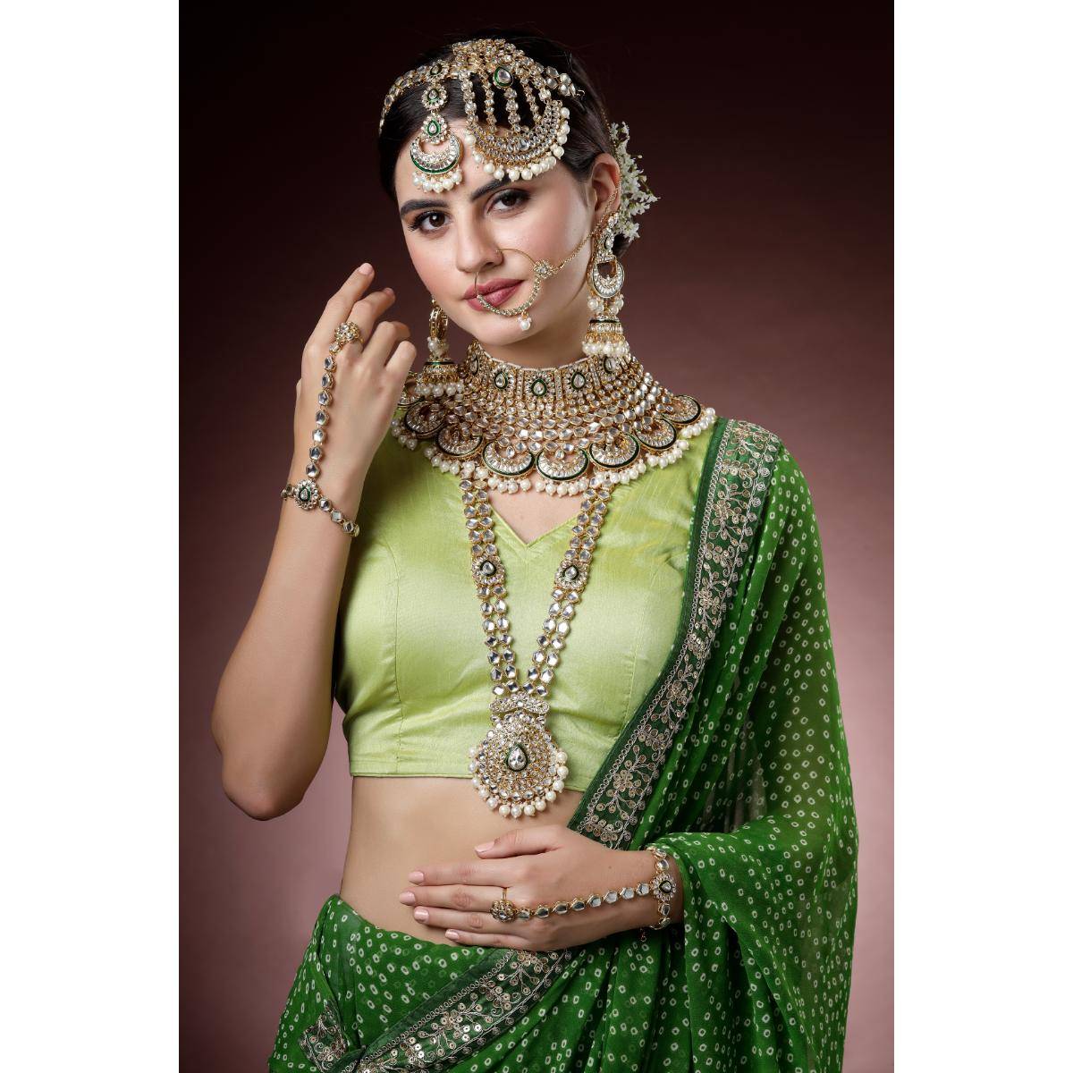 Karatcart Gold Plated Green Meena Ethnic Indian Traditional Kundan Dulhan Bridal Jewellery Set