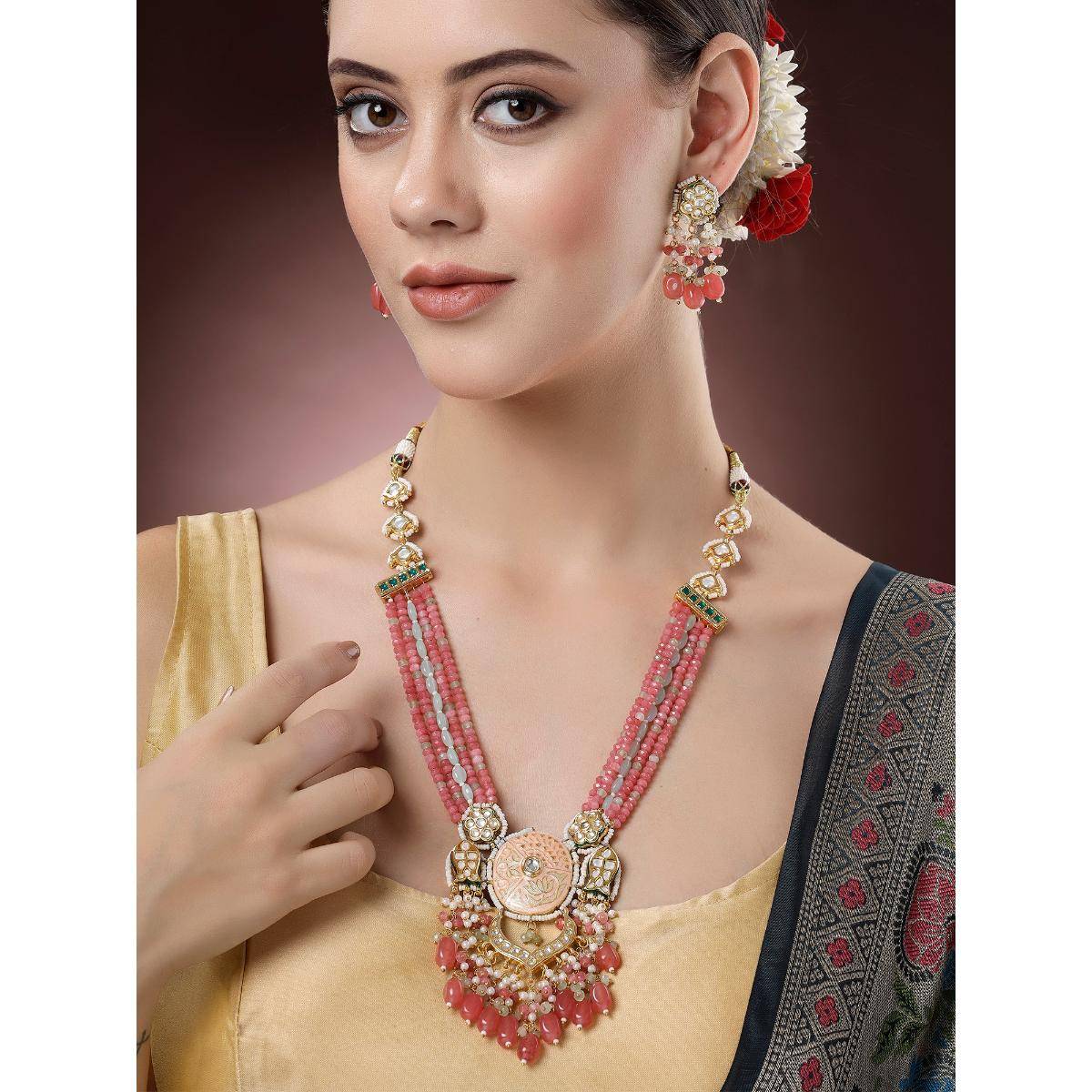 Karatcart Peach Meena Red Crystal Polki Kundan Jewellery Set for Women