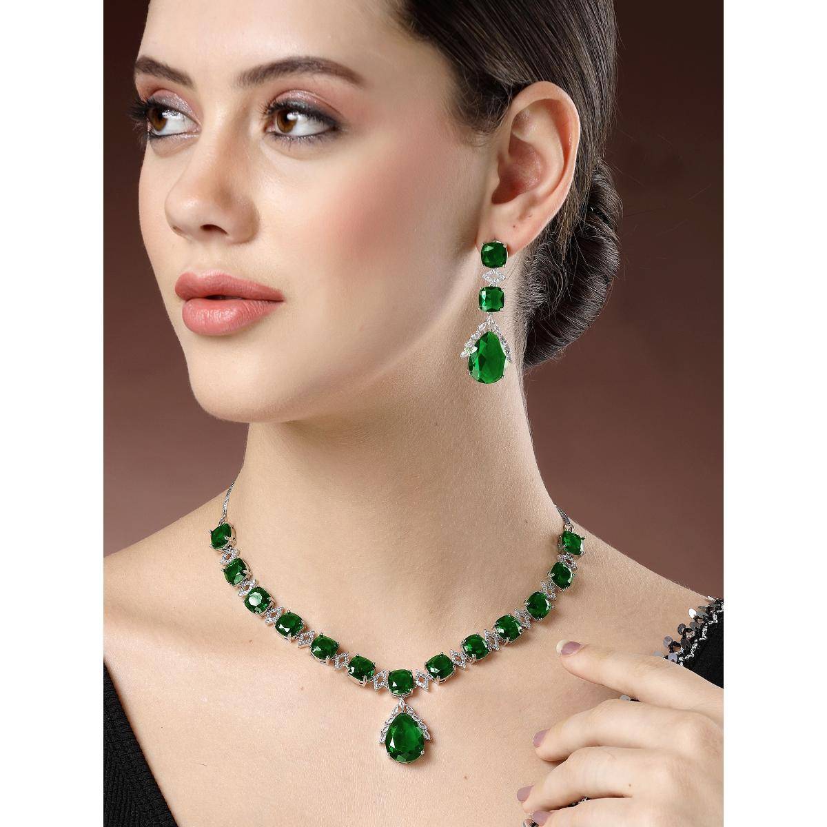 Karatcart Silver Plated Green Drop Shape Cubic Zirconia Studded Jewellery Set for Women