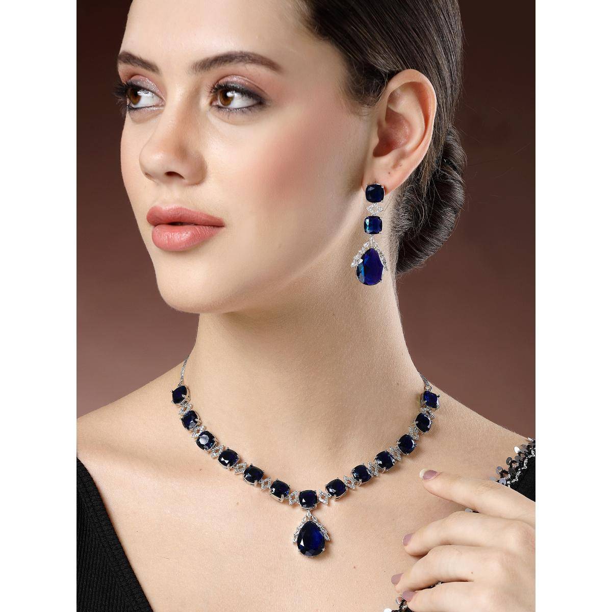 Karatcart Silver Plated Blue Drop Shape Cubic Zirconia Studded Jewellery Set for Women