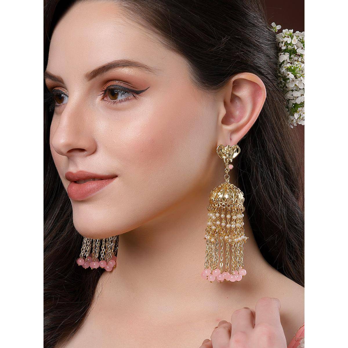 Karatcart Elephant Design Gold Plated Pink Beads Kundan Tassel Chain Jhumki Earrings for Women