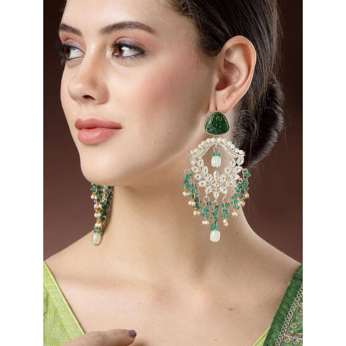 Karatcart Gold Plated Green Carved Stone and Crystal Dangler Earrings for Women