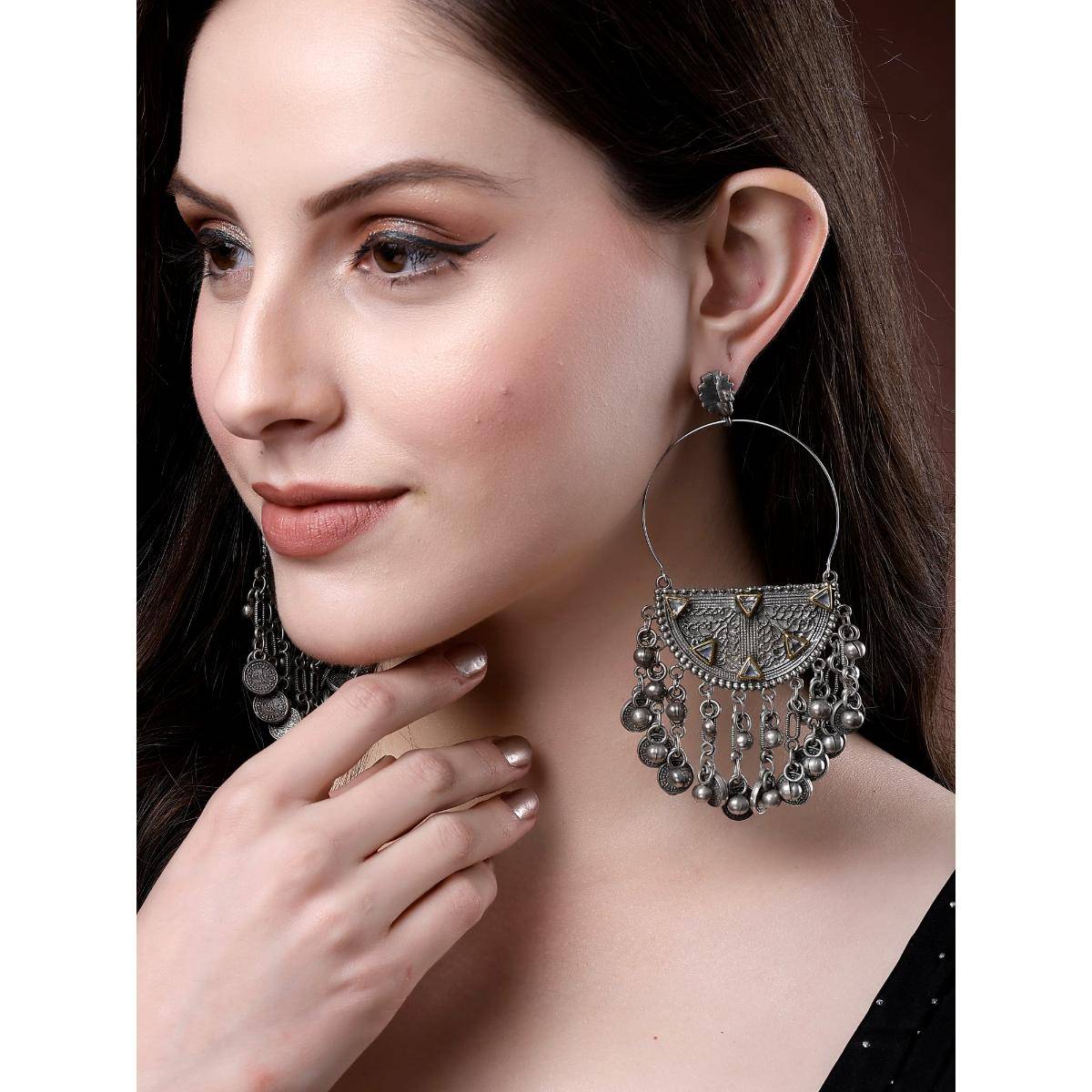 Karatcart Silver-Plated Contemporary Oxidised Dangler Earrings for Women