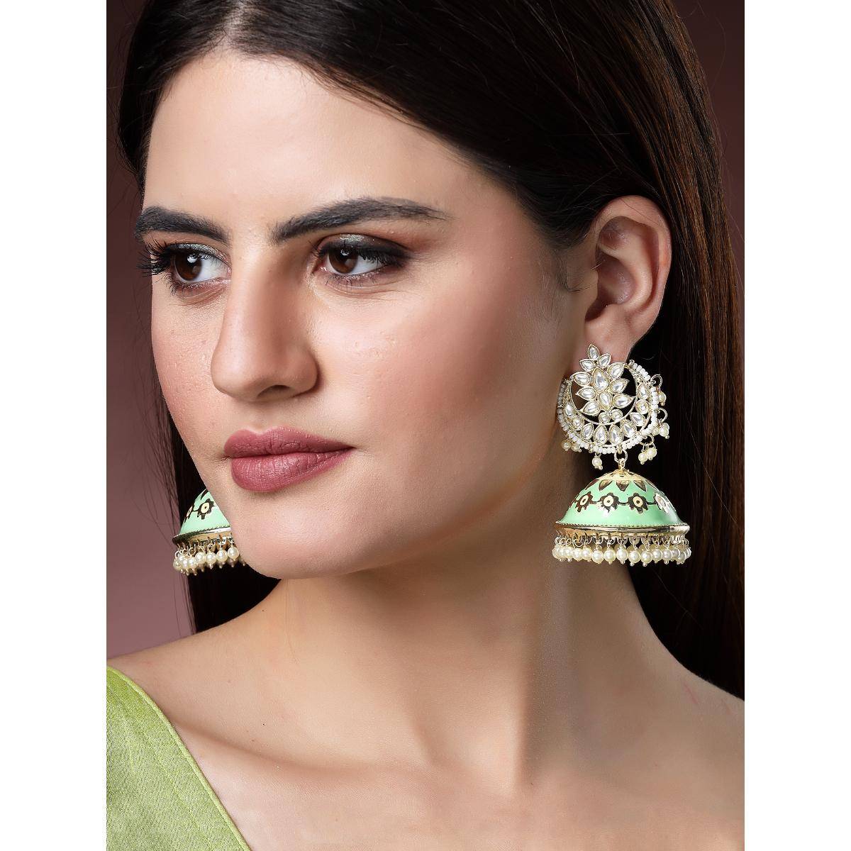 Karatcart Gold Plated Lime Green Meena Handcrafted Kundan Jhumki Earrings for Women
