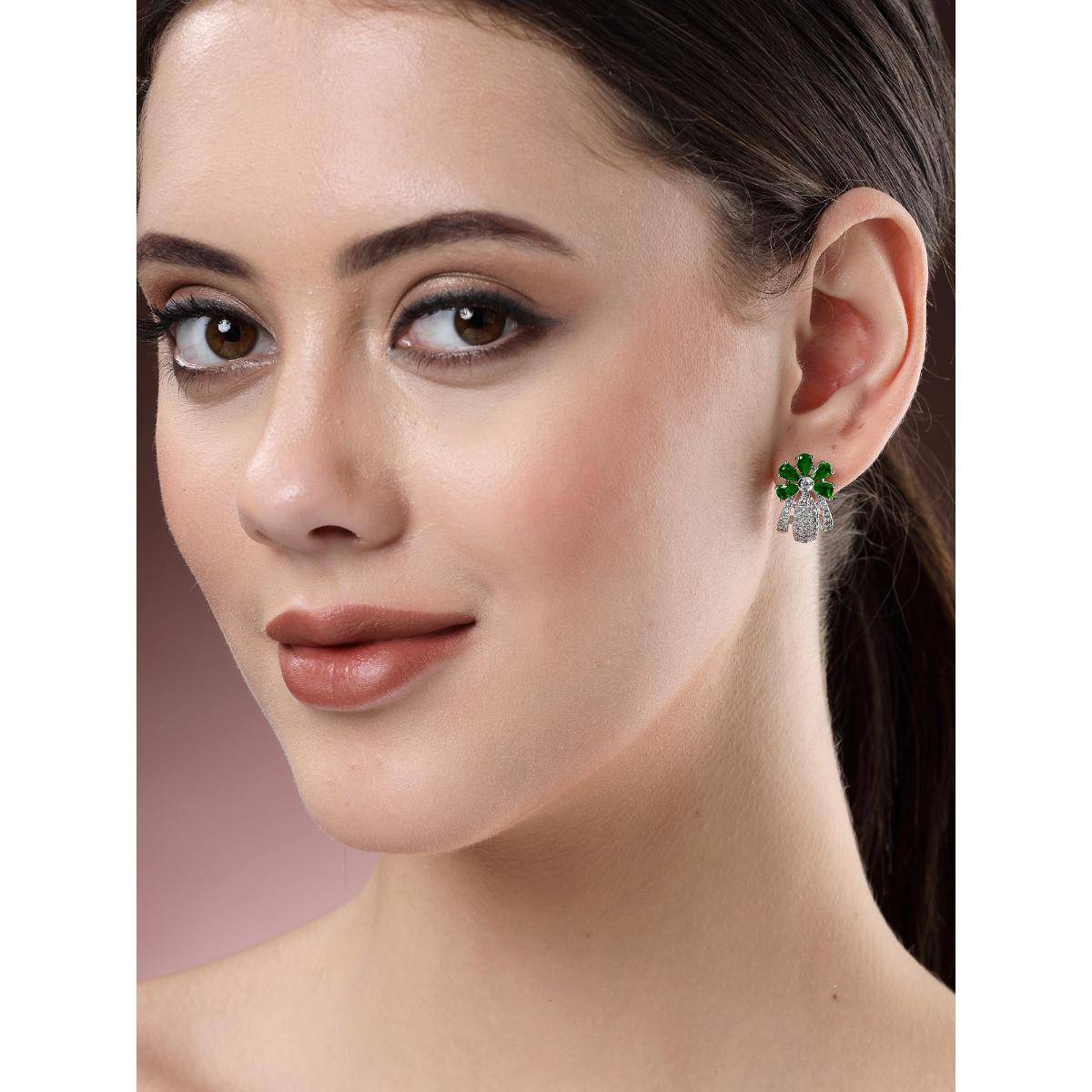 Karatcart Silver Plated Green Stones Floral Design Ad Stud Earrings for Women