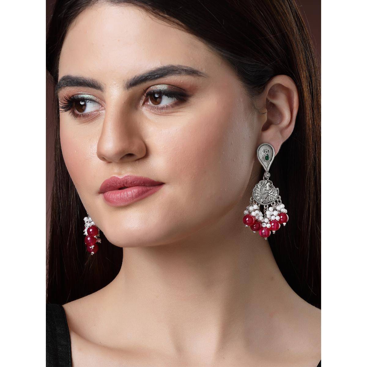 Karatcart Oxidised Silver Red Beads Peacock Design Kundan Drop Earrings for Women