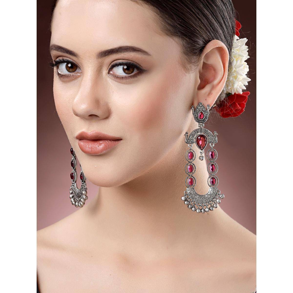 Karatcart Oxidised Silver Red Stone Dangler Earrings for Women