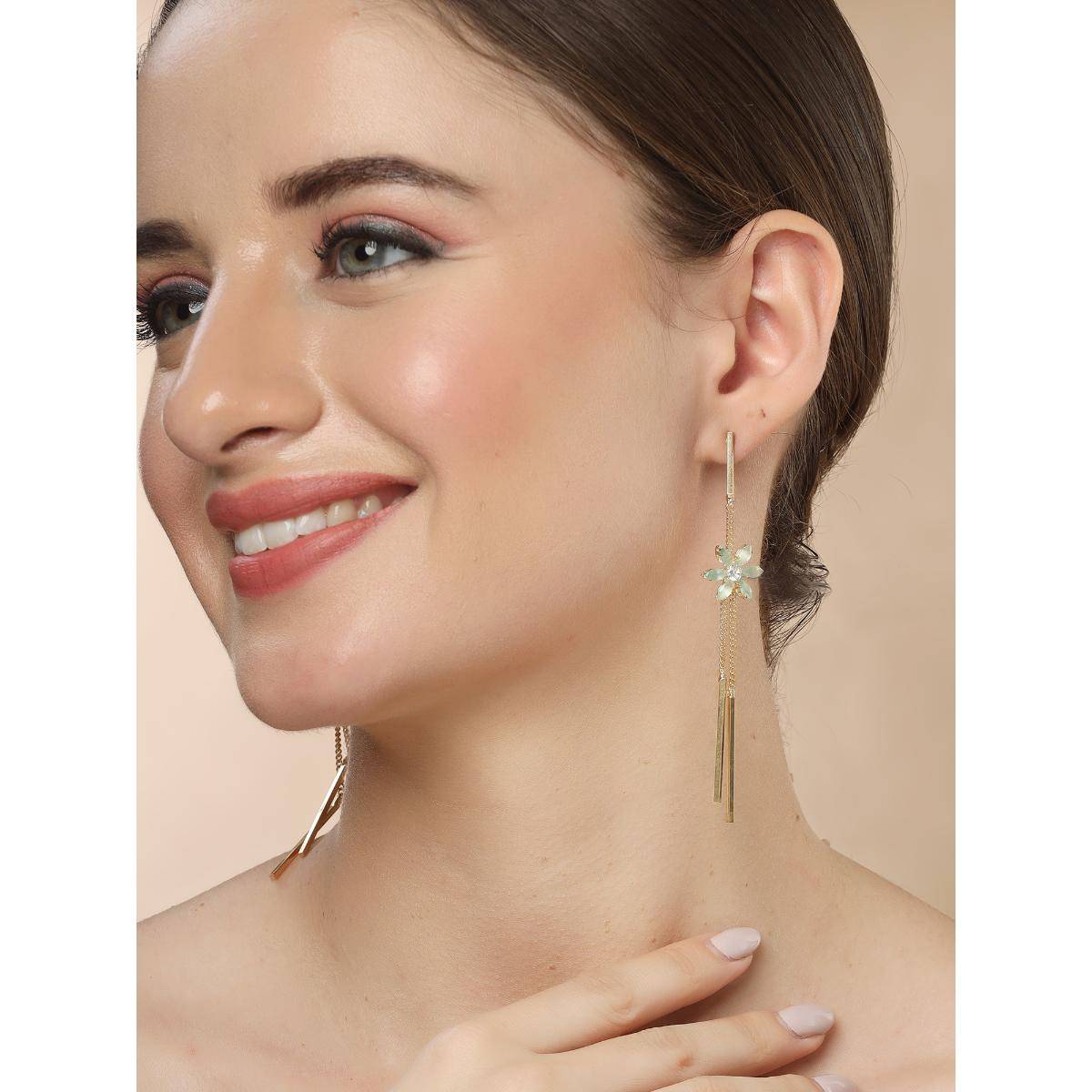 Karatcart Gold-Plated Contemporary Sea Green Drop Earrings for Women