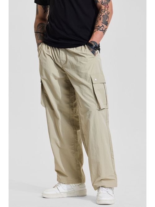 Snitch Beige Solid Loose Casual Cargo Pant