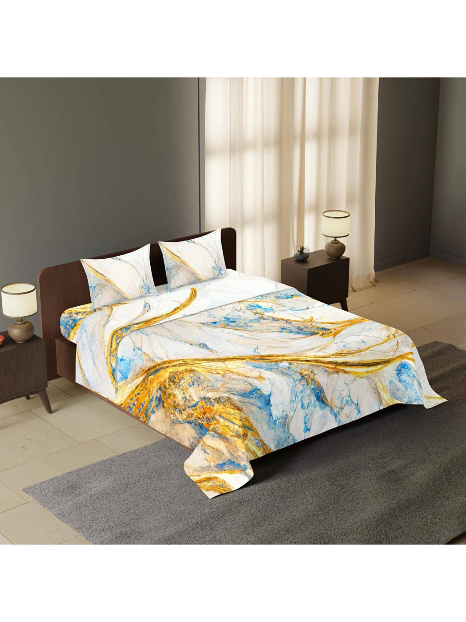 Synergized Cotton Marbled Azure Luxurious 300Tc King Sateen Bedsheet with 2 Pillow Covers