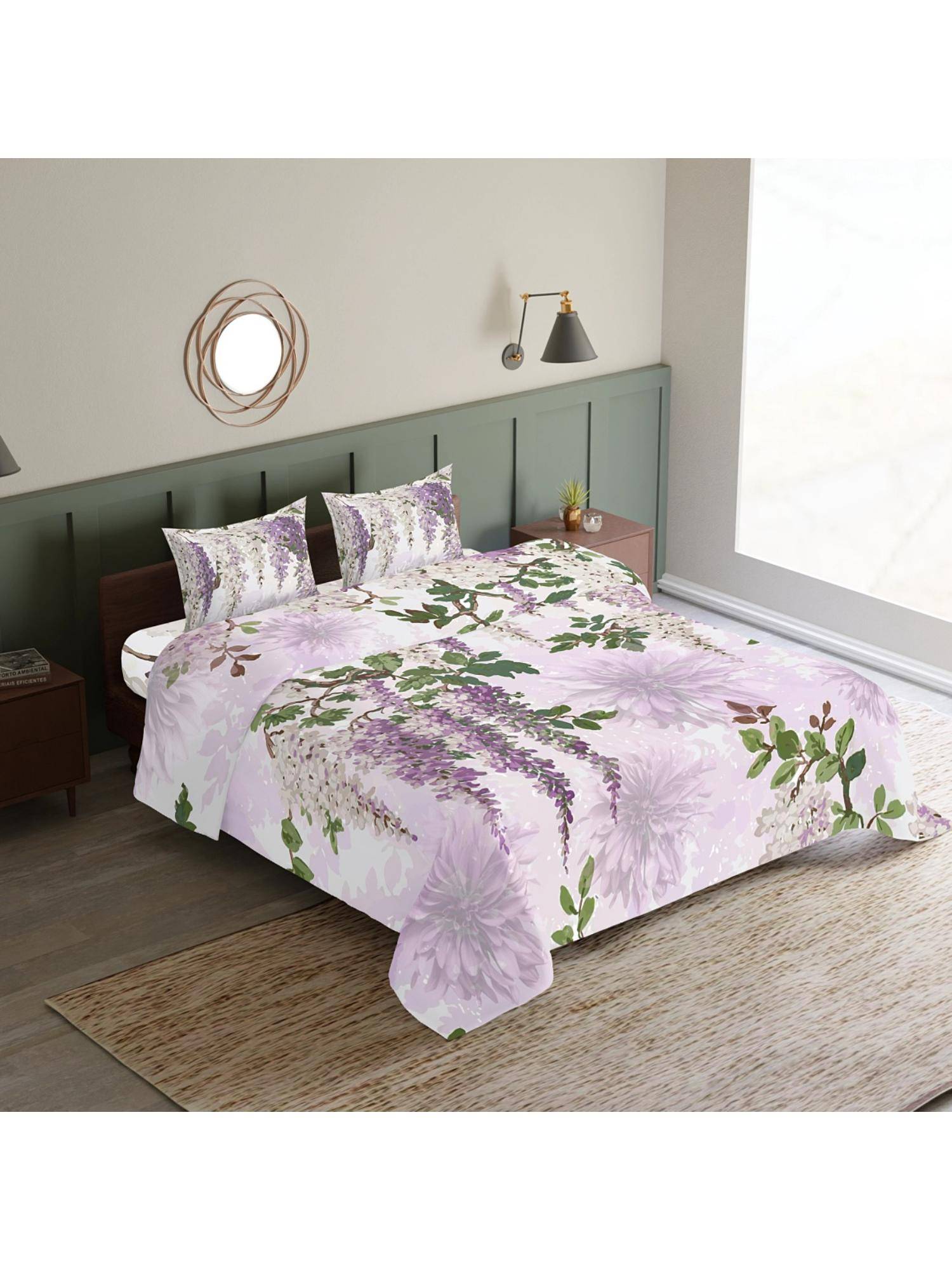 Synergized Cotton Purple Garden Bliss King Sateen Bedsheet Tranquil Serenity with 2 Pillow Covers