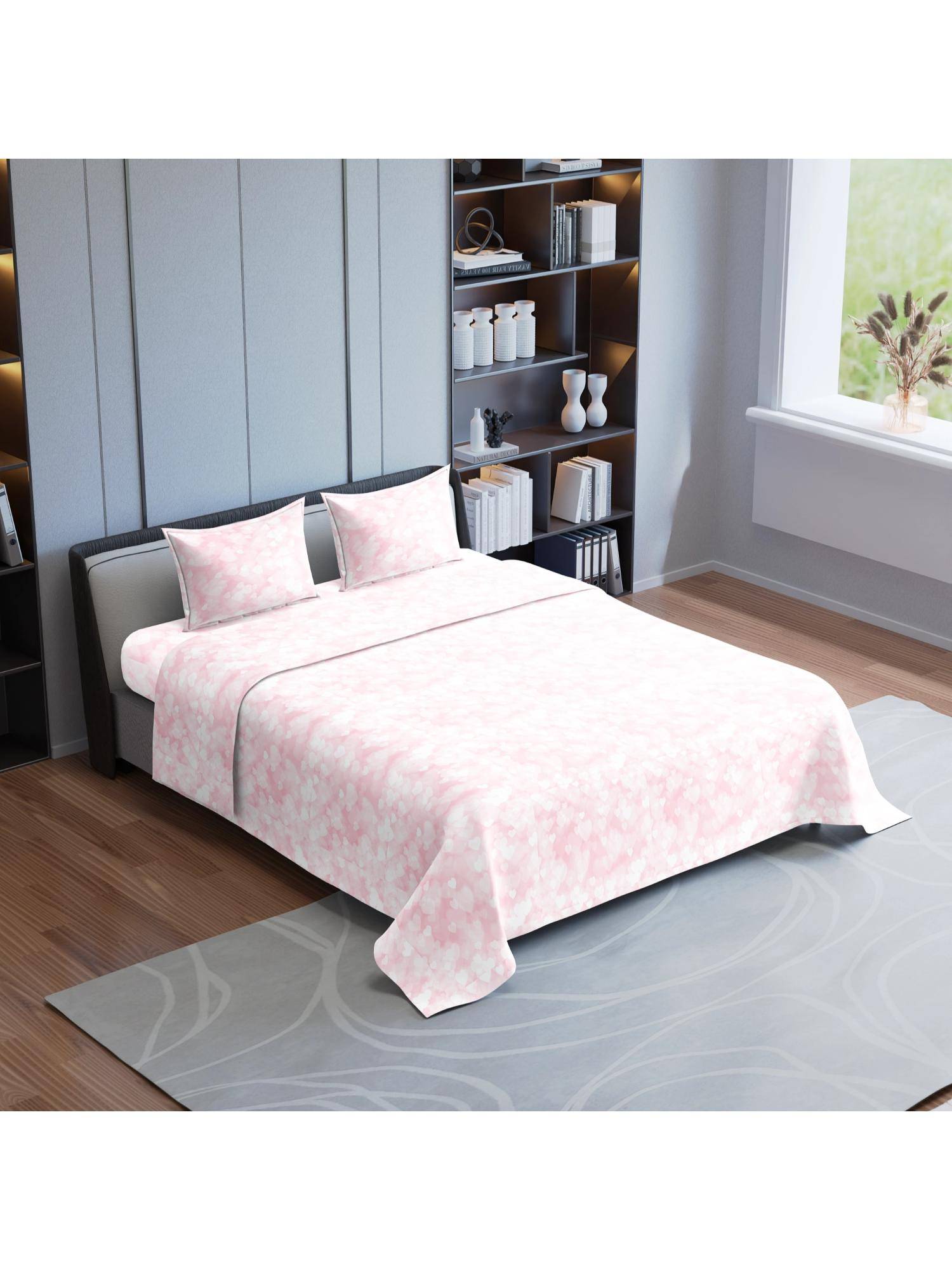 Synergized Cotton Heart Of Love Pink King Bedsheet 190Tc Twill Weave with 2 Pillow Covers