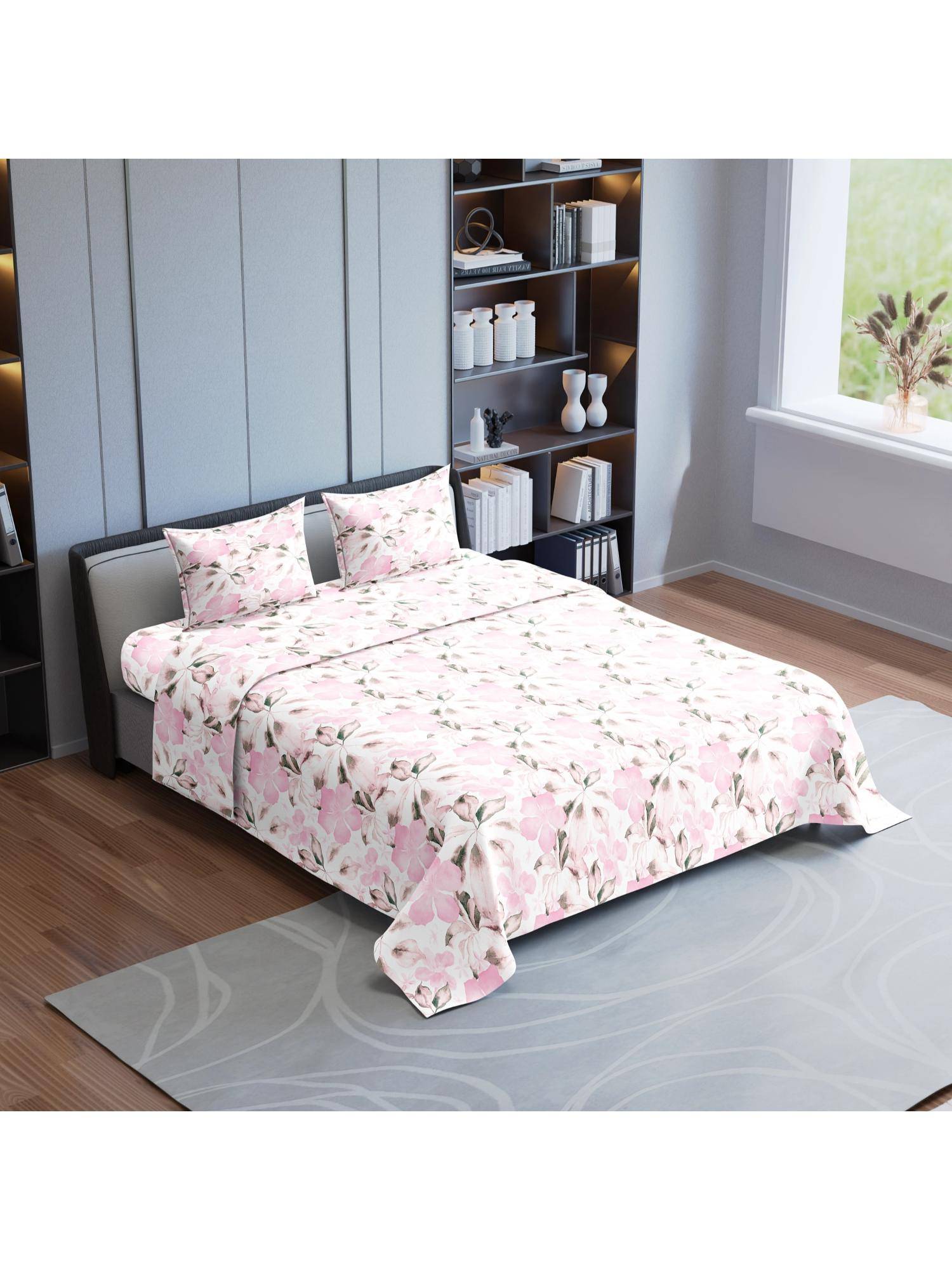 Synergized Cotton Country Flower Pink King Bedsheet 190Tc Twill Weave with 2 Pillow Covers