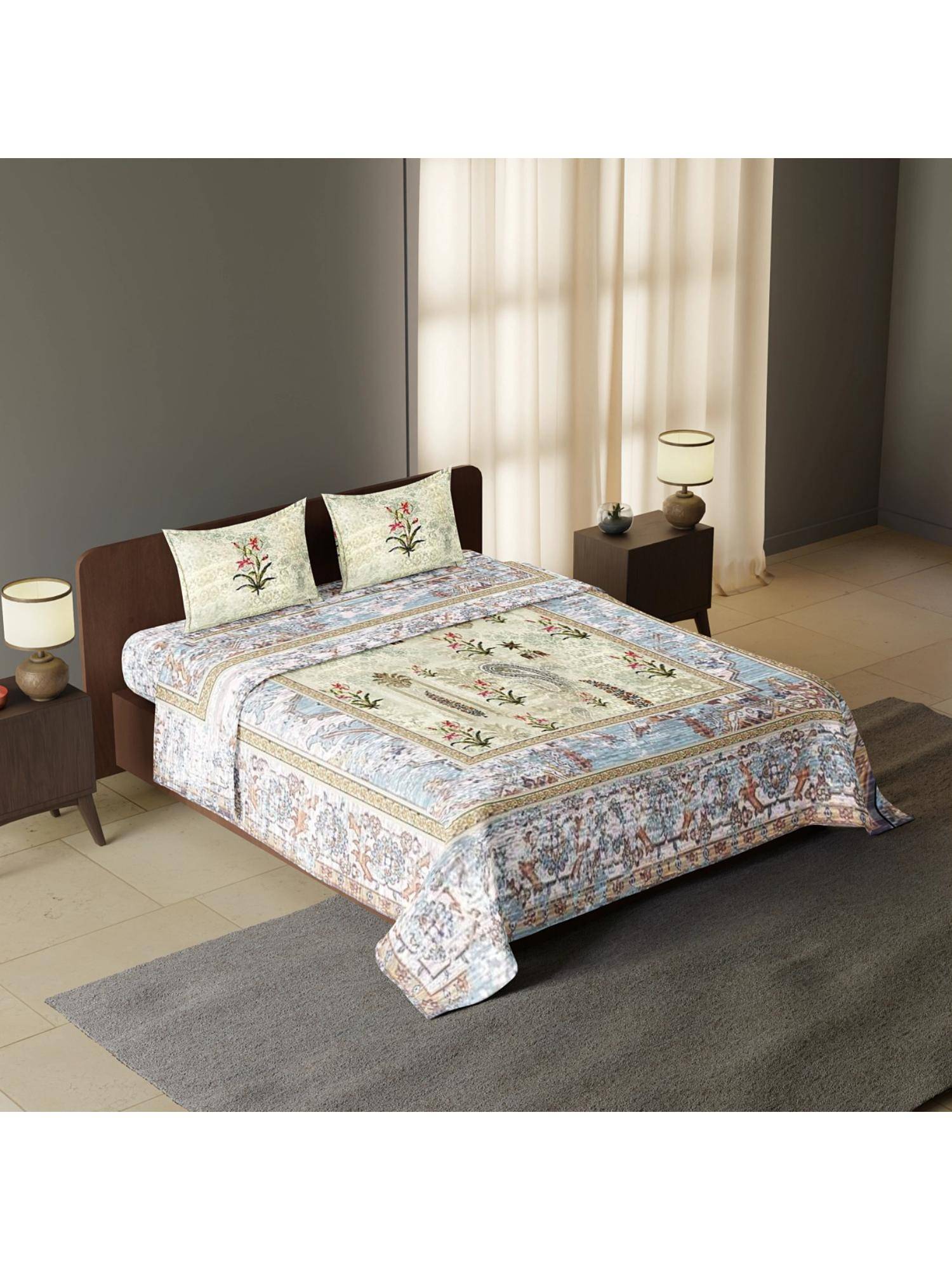 Synergized Cotton Emerald Indian Pastel Luxurious King Percale Bedsheet 225Tc with 2 Pillow Covers