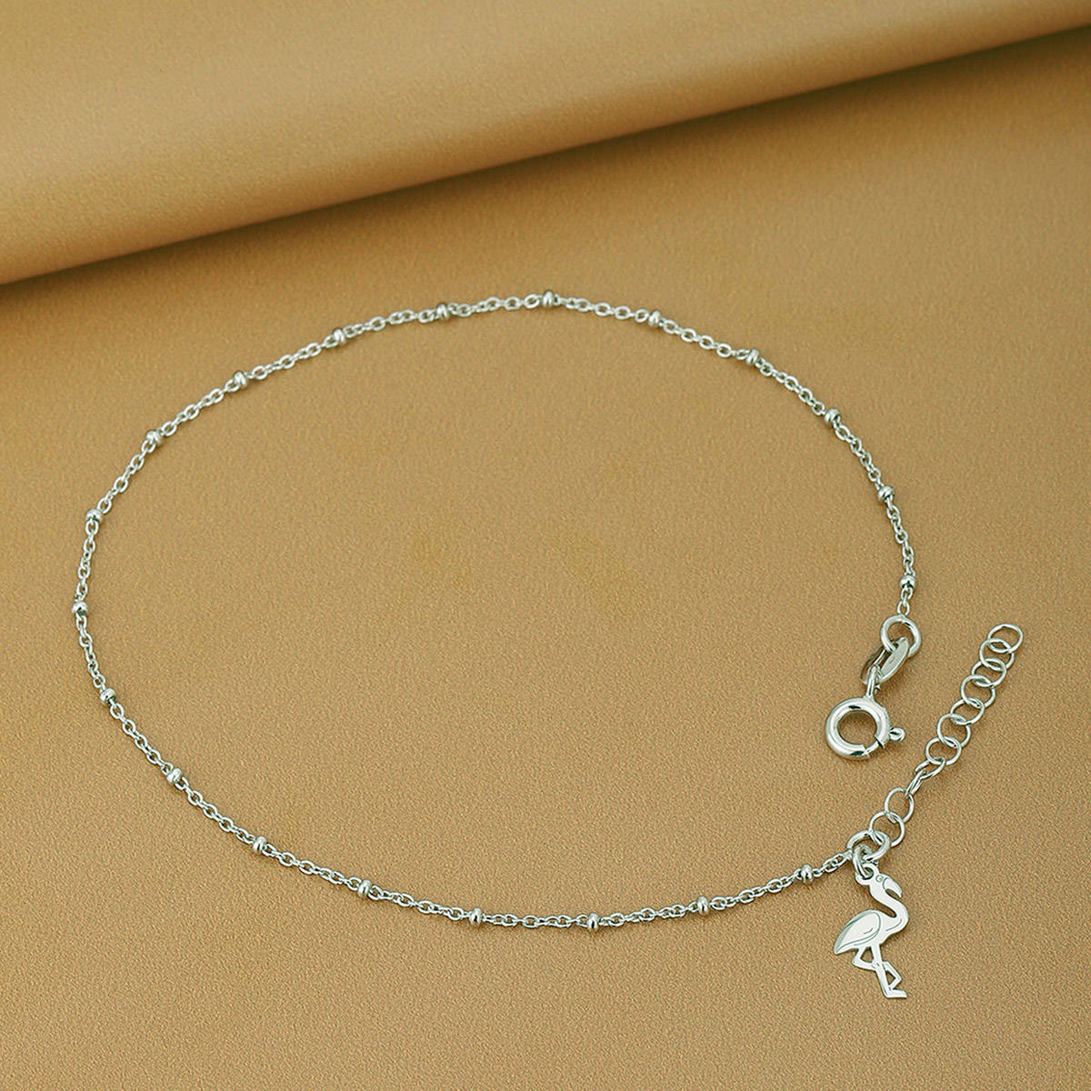 925 Sterling Silver Rhodium Plated with Dangling Crane Adjustable Charm Anklet
