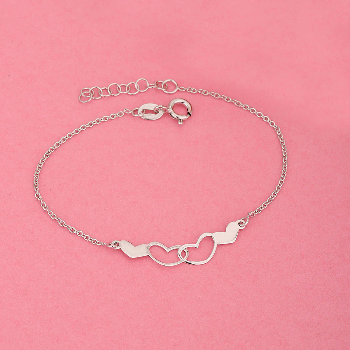 925 Sterling Silver Rhodium Plated Interlocked Heart Duo Bracelet, Adjustable