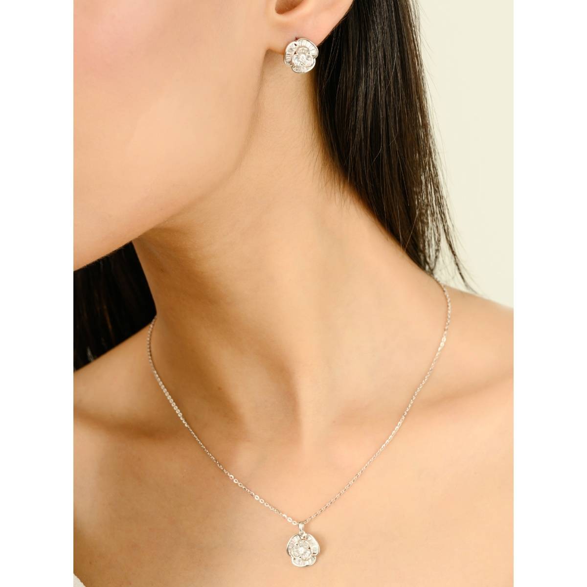 METALM Baguette Cz Diamond Flower Jewellery Set