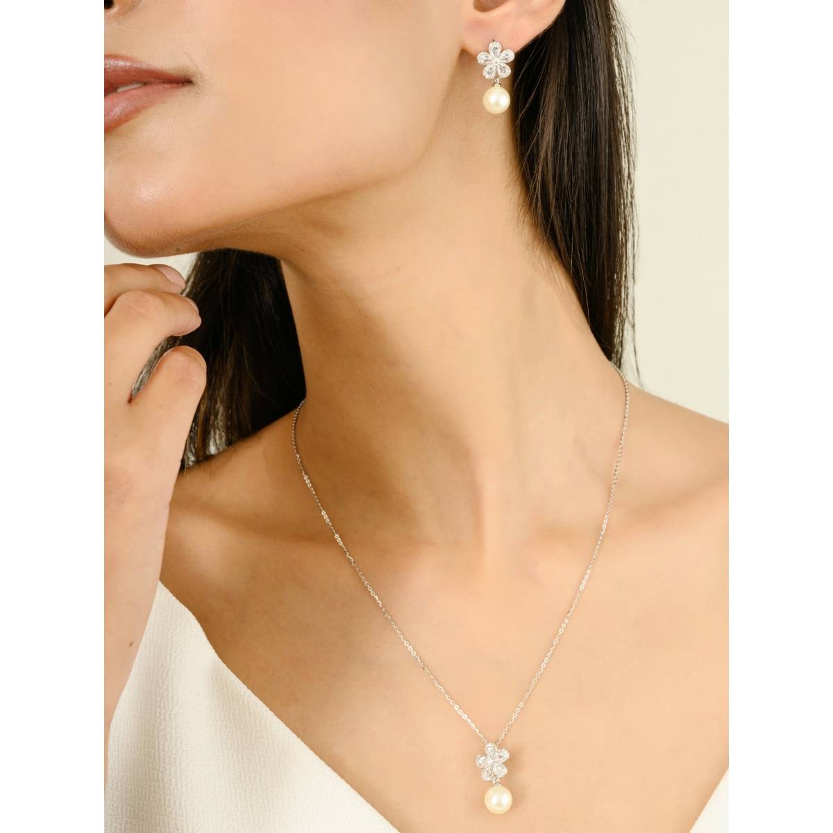 METALM 925 Silver Pearl Drop Jewellery Set
