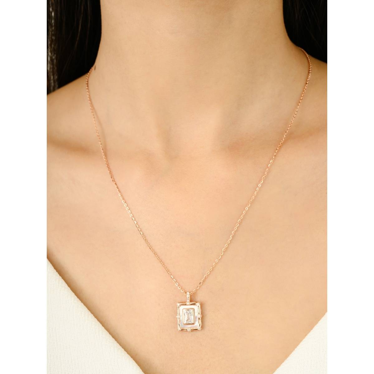 METALM Rose Gold 925 Silver Square Cz Diamond Pendant Necklace