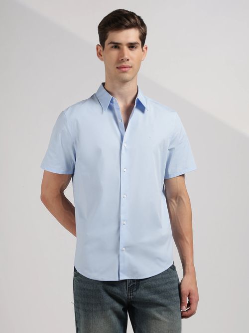 Buy Calvin Klein Solid Regular Fit Cotton Blue Shirt Online