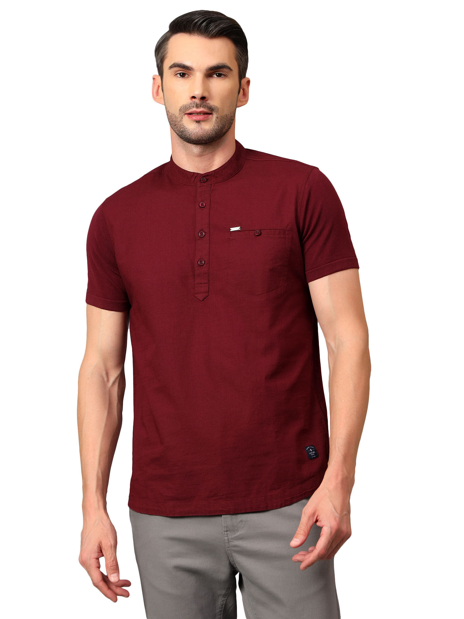 邦楽 Man Buy Cantabil Men Maroon Solid Mandarin Collar Half Sleeves Kurta