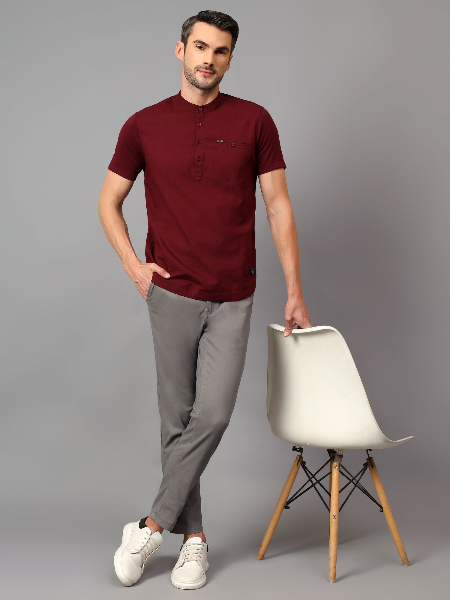 Buy Cantabil Men Maroon Solid Mandarin Collar Half Sleeves Kurta