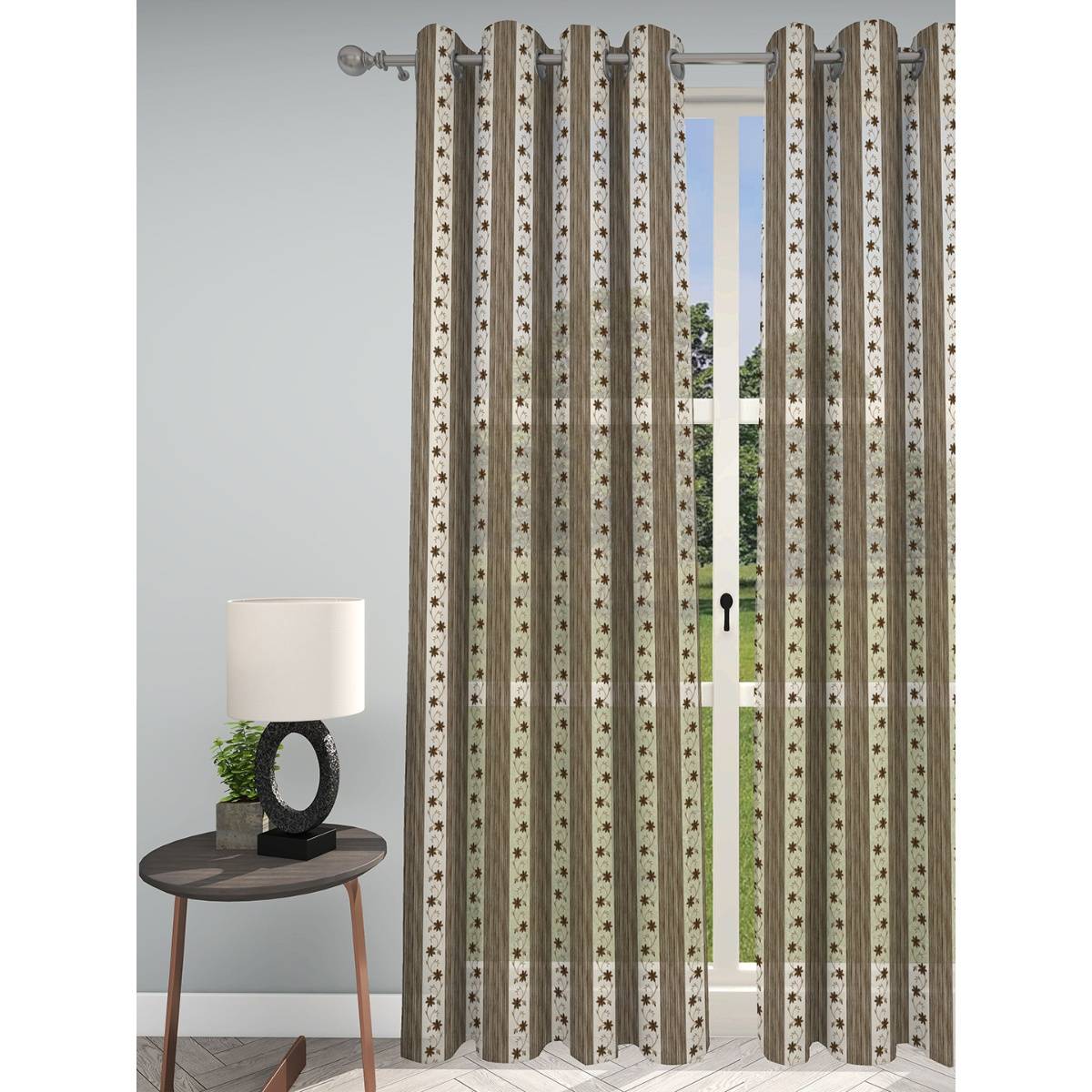 GM Floral Embroidered Brown Sheer Door Curtain - Pack Of 1 (4.3 X 7 Feet, Gold)