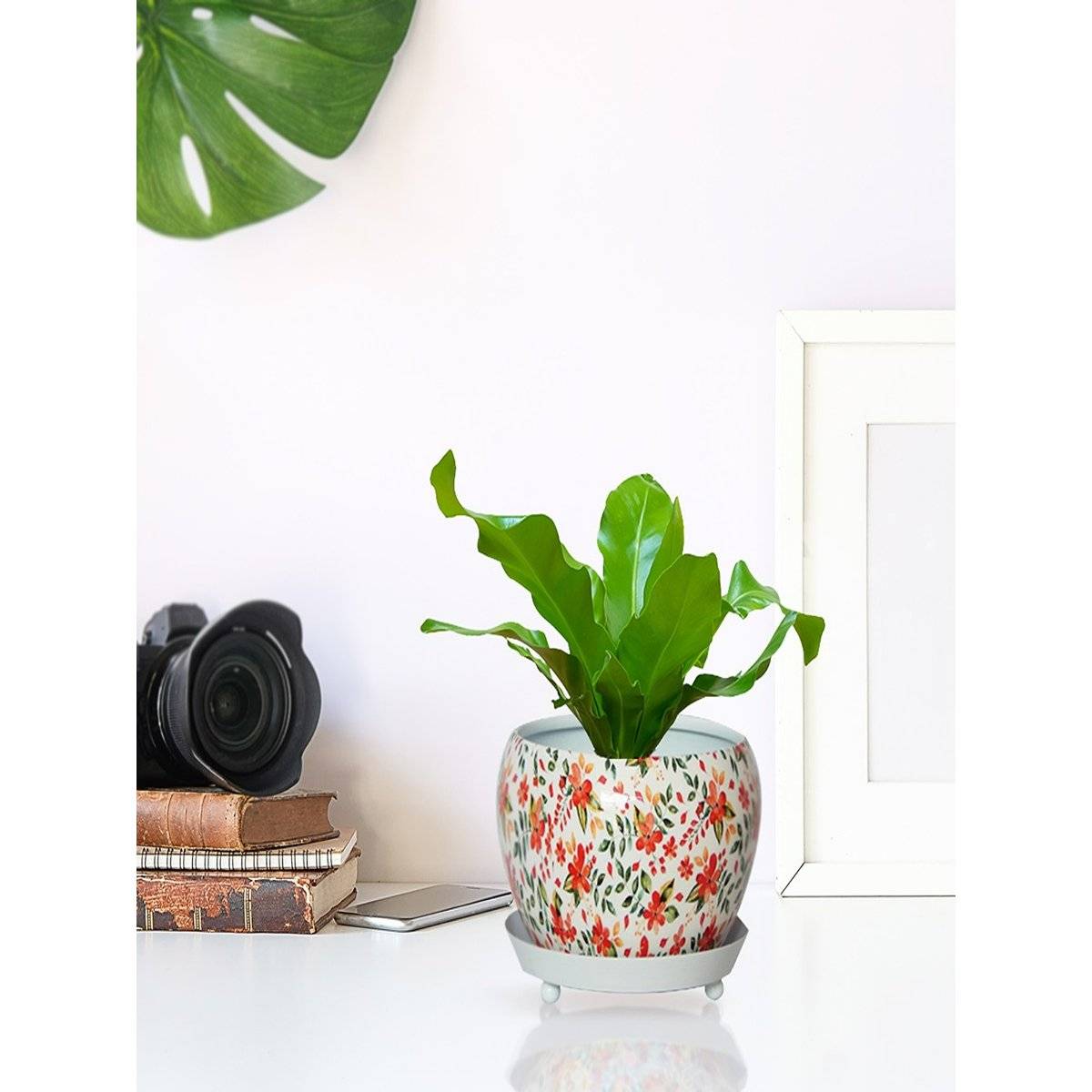 Ecofynd Lily White Floral Metal Pot With Saucer Plate