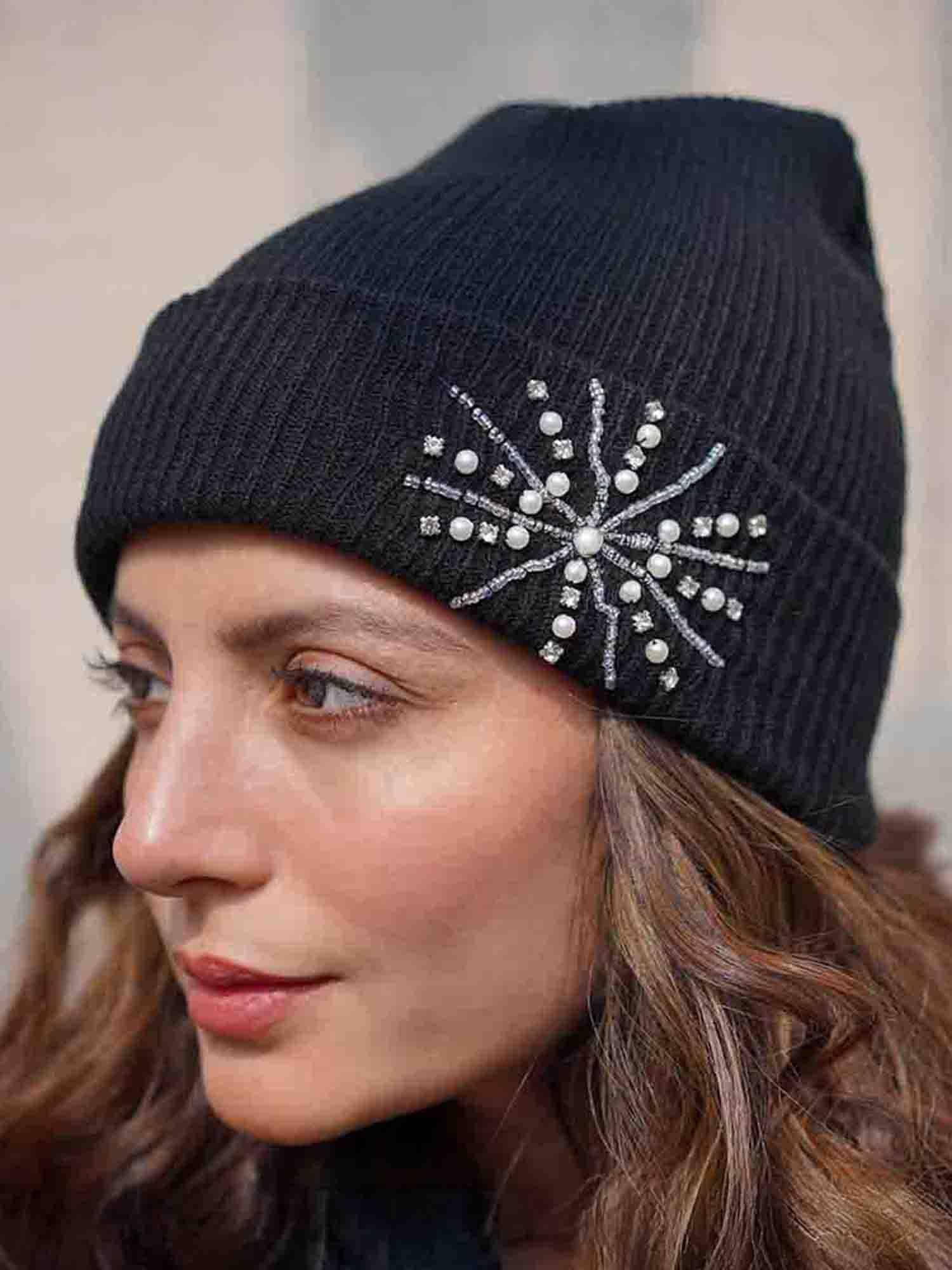 Hair Drama Co. Women Pearls & Crystals Beanie - Black