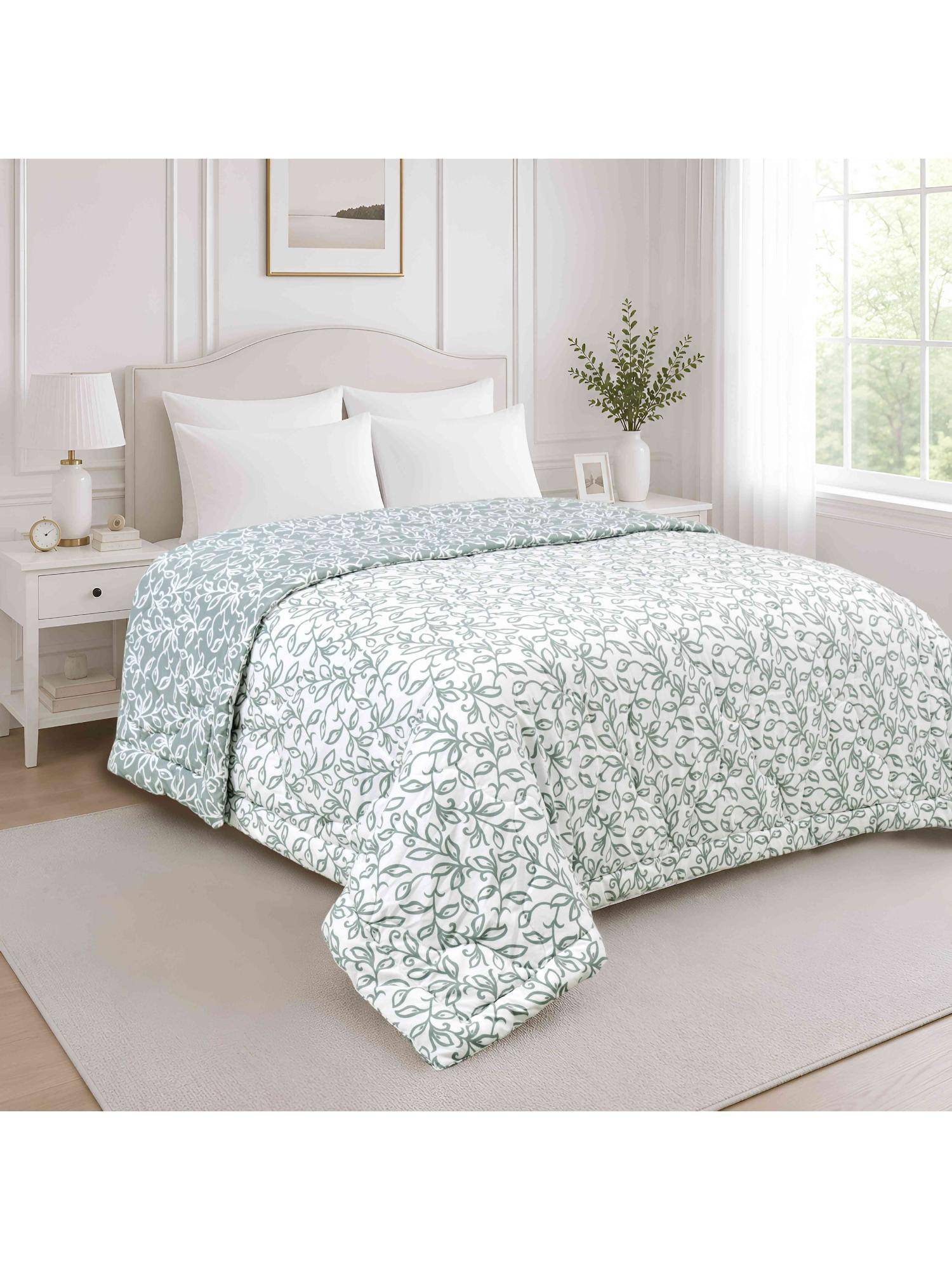 Indra's Green & Off-White Reversible 140 GSM Microfiber Double AC Comforter