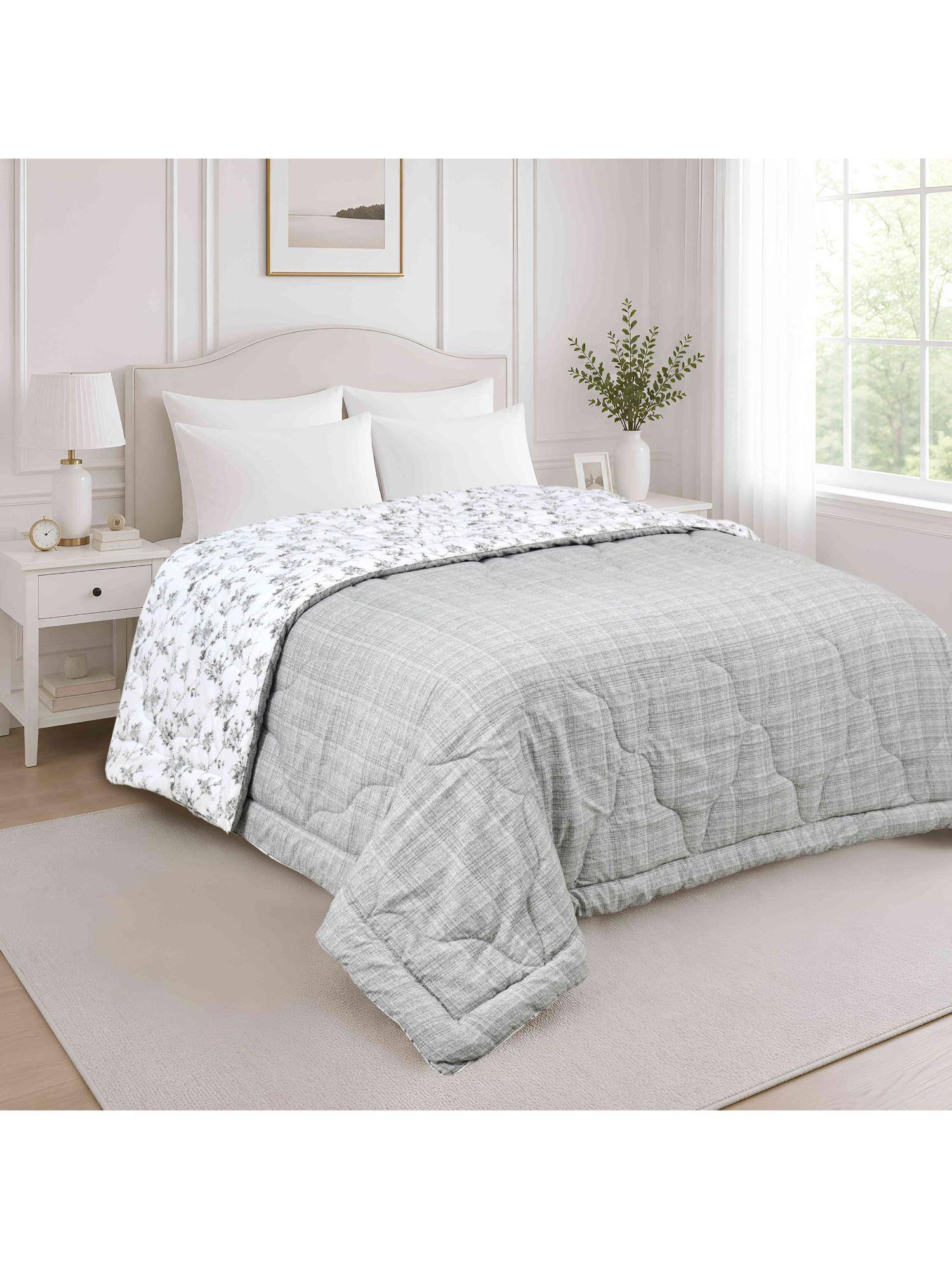 Indra's Grey & Off-White Reversible 140 GSM Microfiber Double AC Comforter