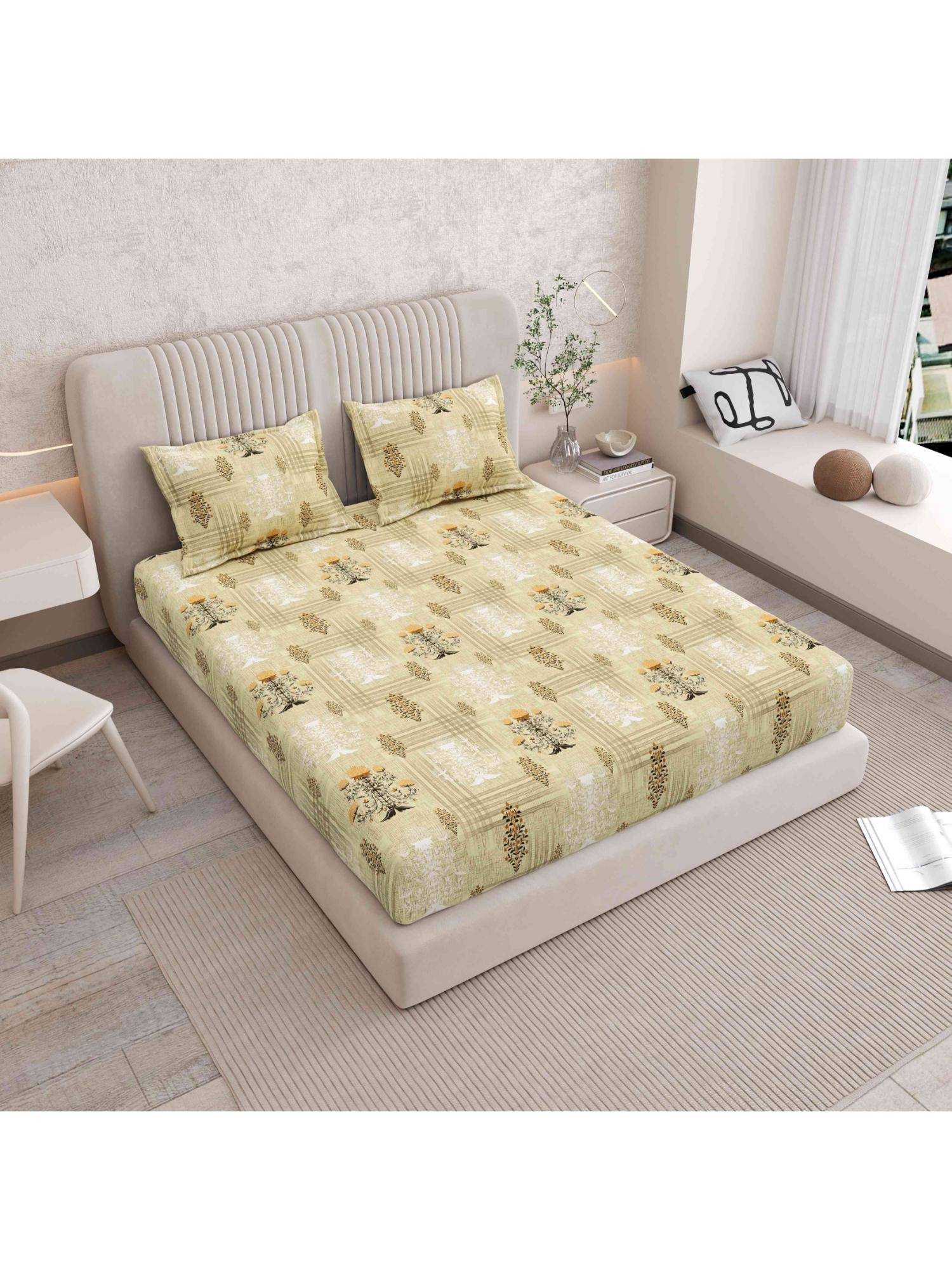 Indra's 120 TC Viscose Cotton king Bedsheet With 2 Pillow covers - Yellow