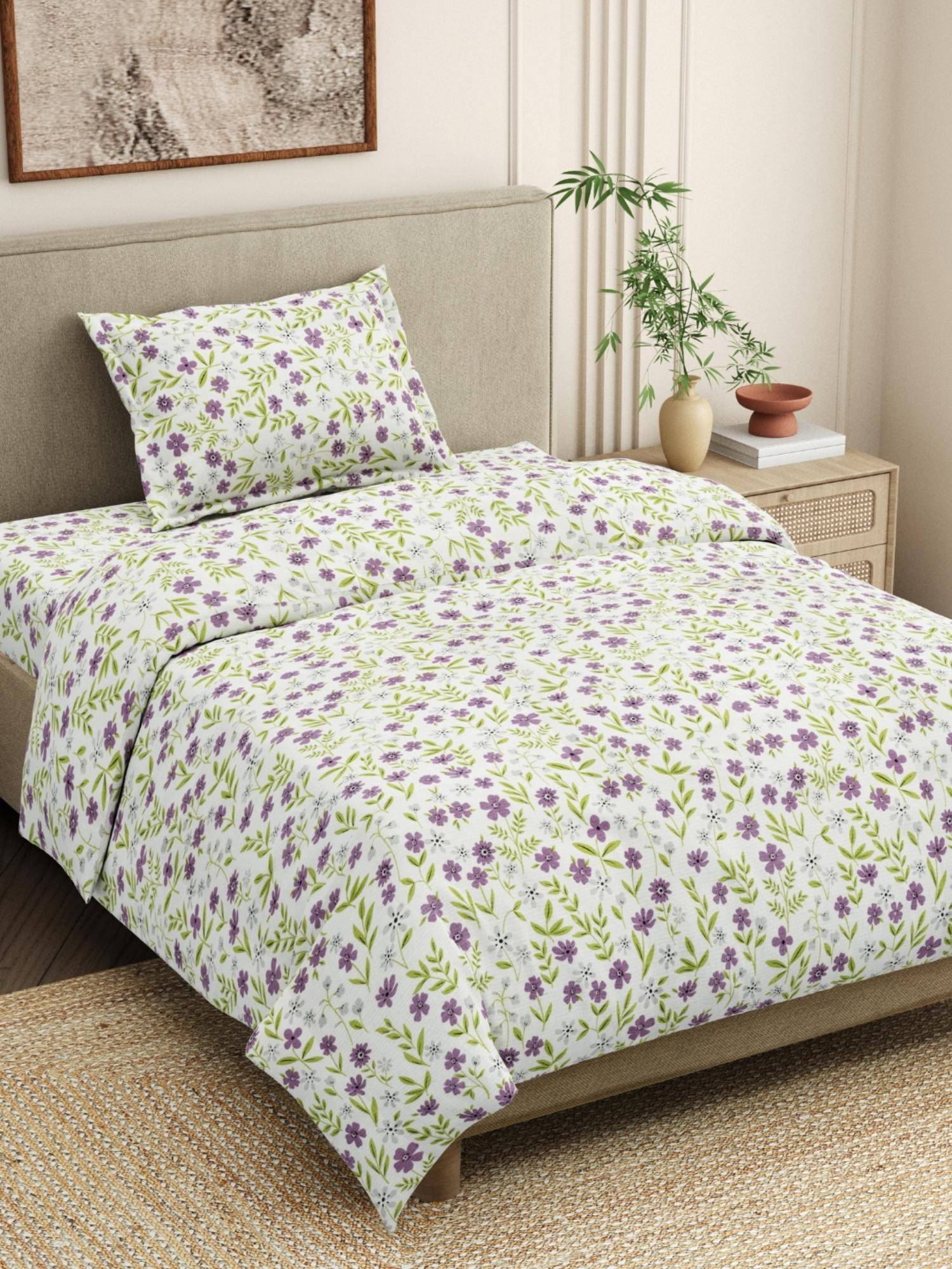Haus & Kinder 100% Cotton 186 TC Single Flat Bedsheet with Pillow Cover - Purple