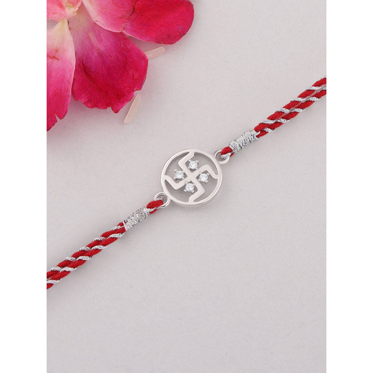 Ornate Jewels 925 Silver American Diamond Swastik Thread Rakhi for Brother with Roli Chawal