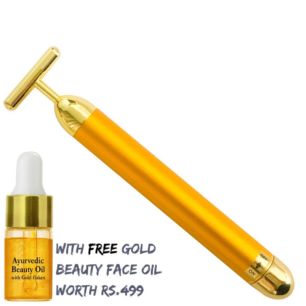 Natural Vibes 24k Gold Vibrating Face Roller & Massager with Free Gold Beauty Elixir Oil