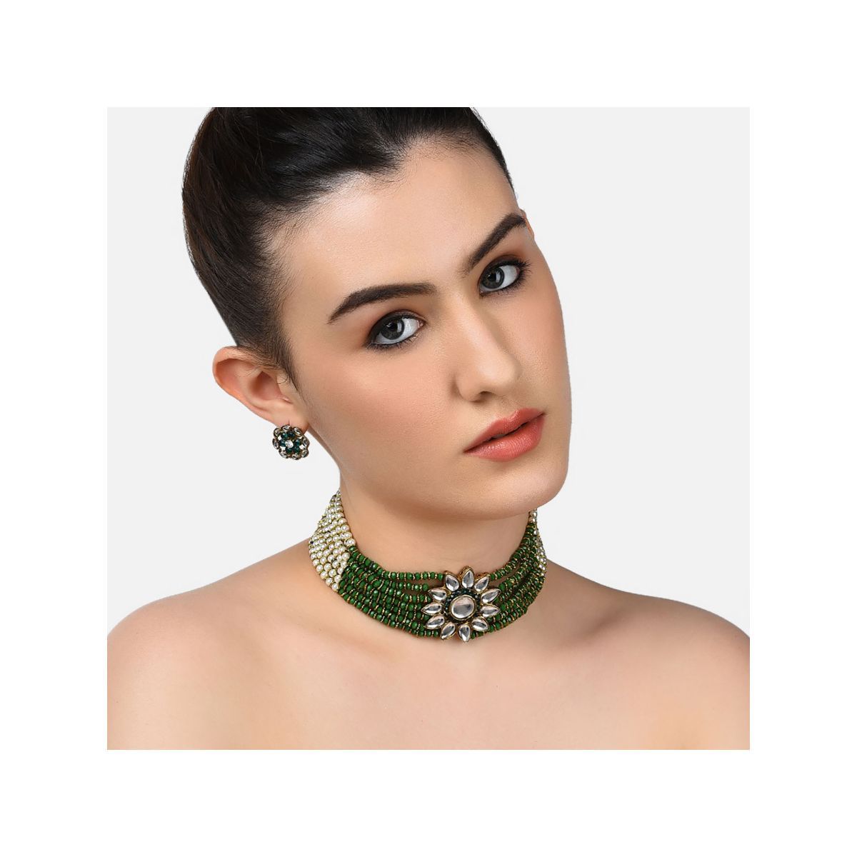 Zaveri Pearls Green Beaded Kundan Choker Necklace & Earring Set-ZPFK10765