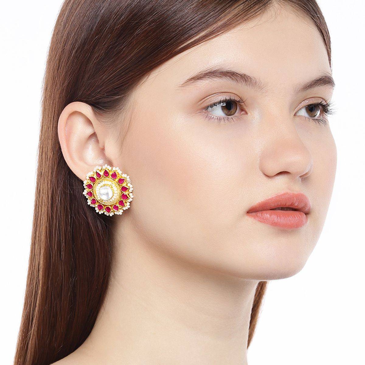 Accessher Gold-Toned & Red Circular Studs