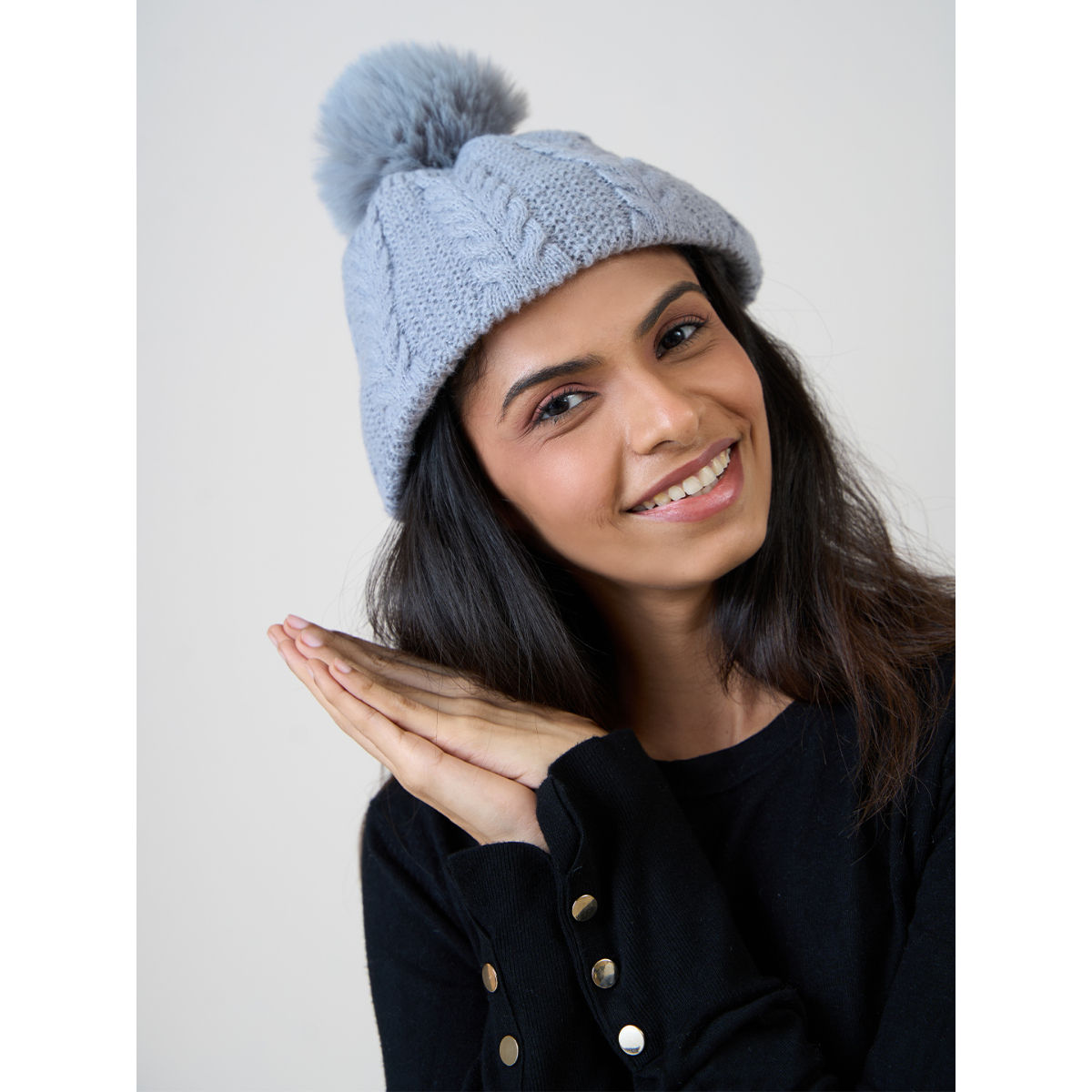 Buy ToniQ Grey Knit Bobble Winter Beanie Online