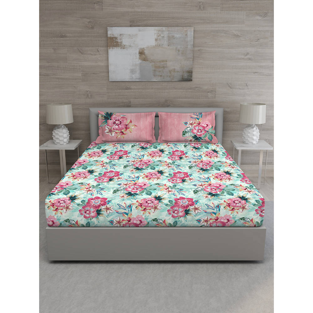 GM Green Pink Floral 150 TC Cotton Queen Bedsheet with 2 Pillow Covers