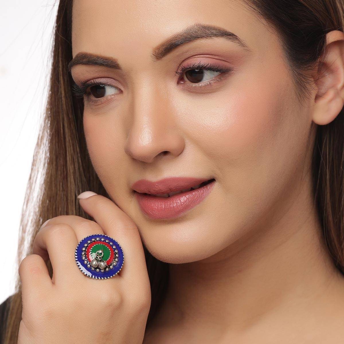 VIRAASI Meenakari Enamelling Adjustable Oxidised Ring