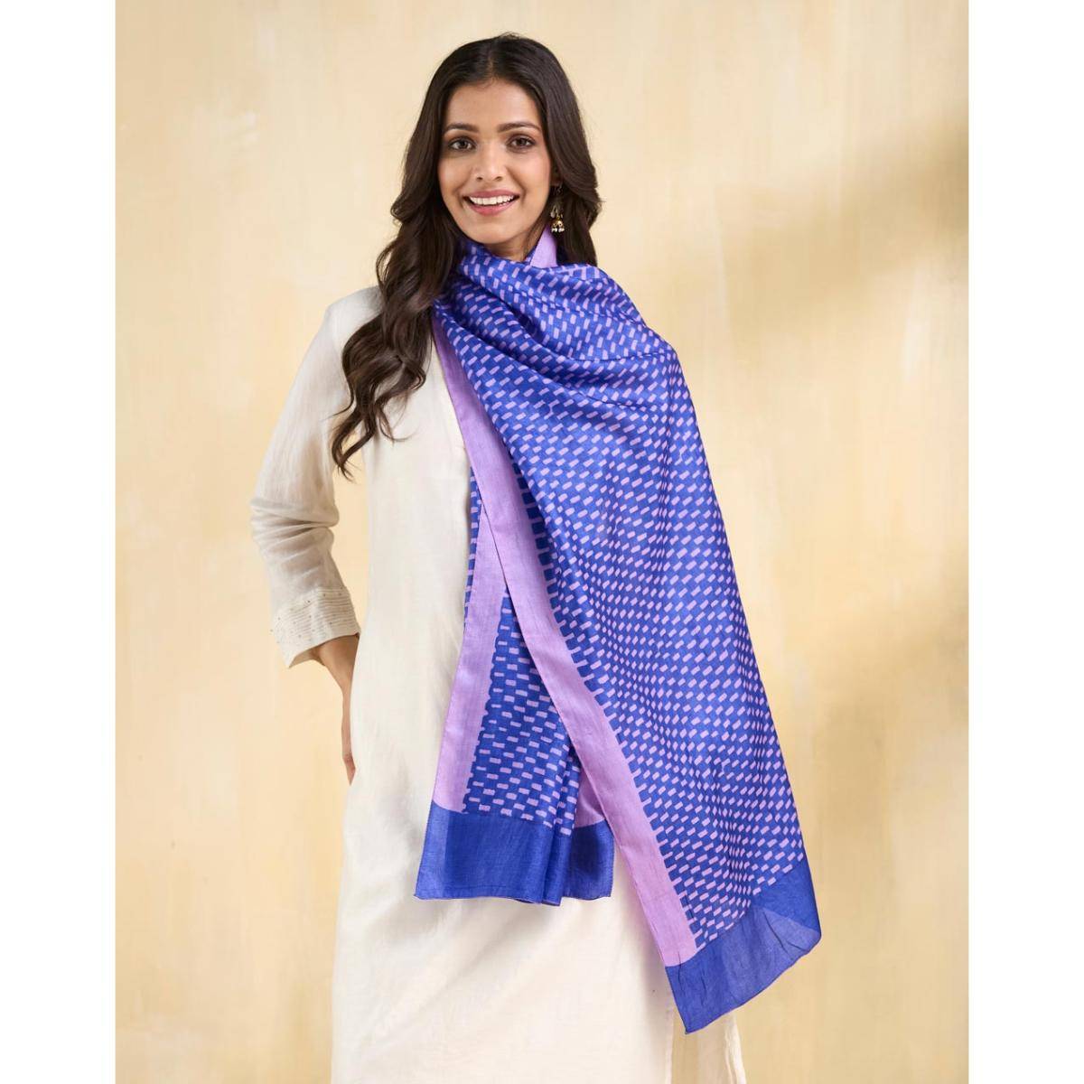 Fabindia Navy Blue Silk Printed Stole