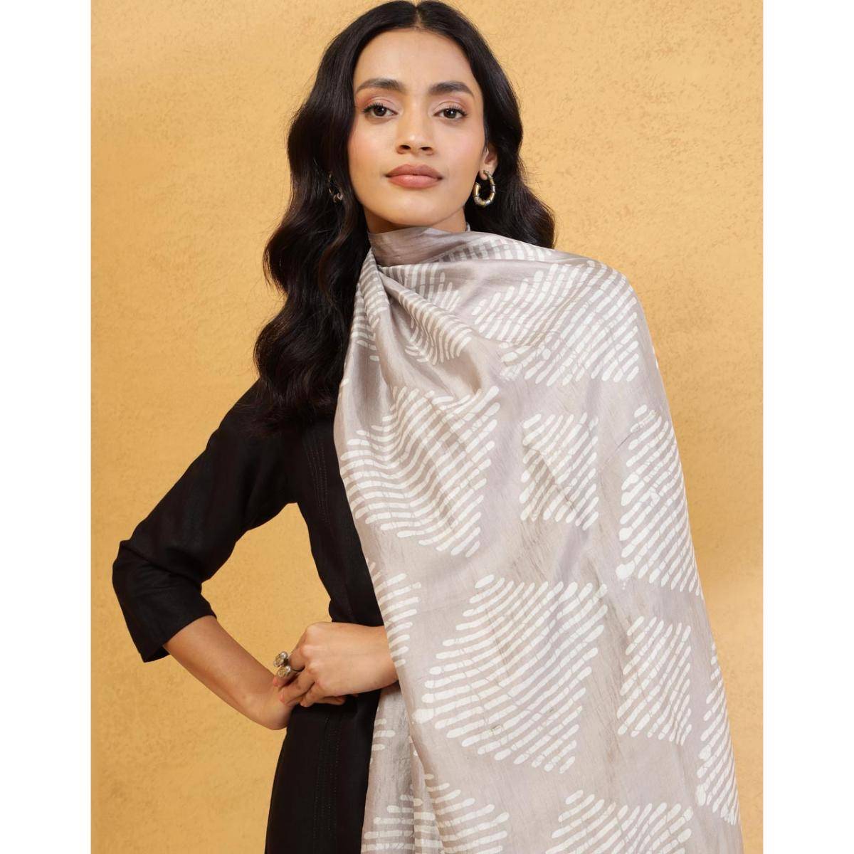 Fabindia Grey Silk Printed Stole