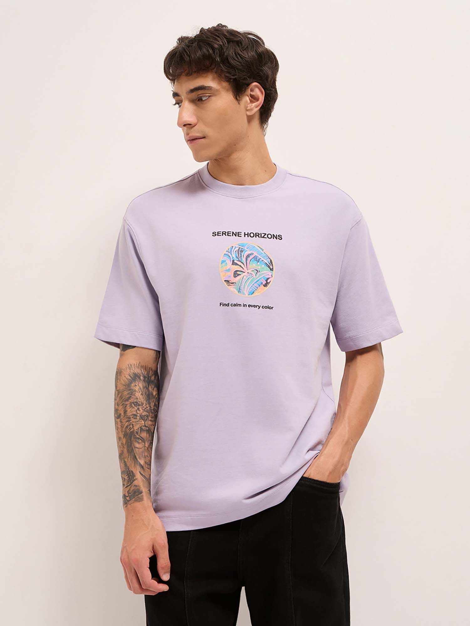 Buy THE BEAR HOUSE Men'S Purple Pure Cotton Printed Oversize Fit T