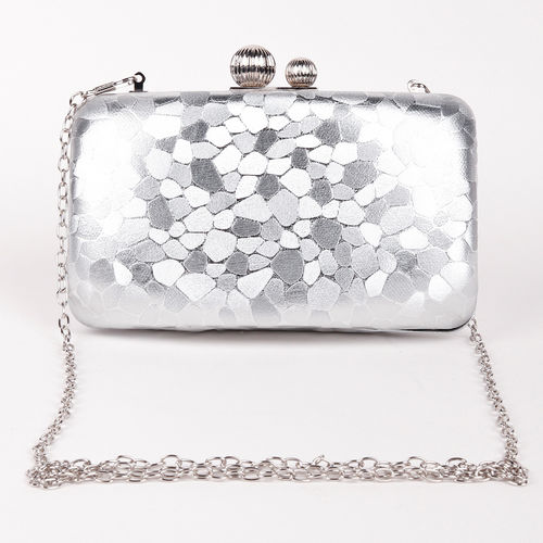 Buy Odette Shiny Silver Flattened Stone Textured Clutch Sling Bag