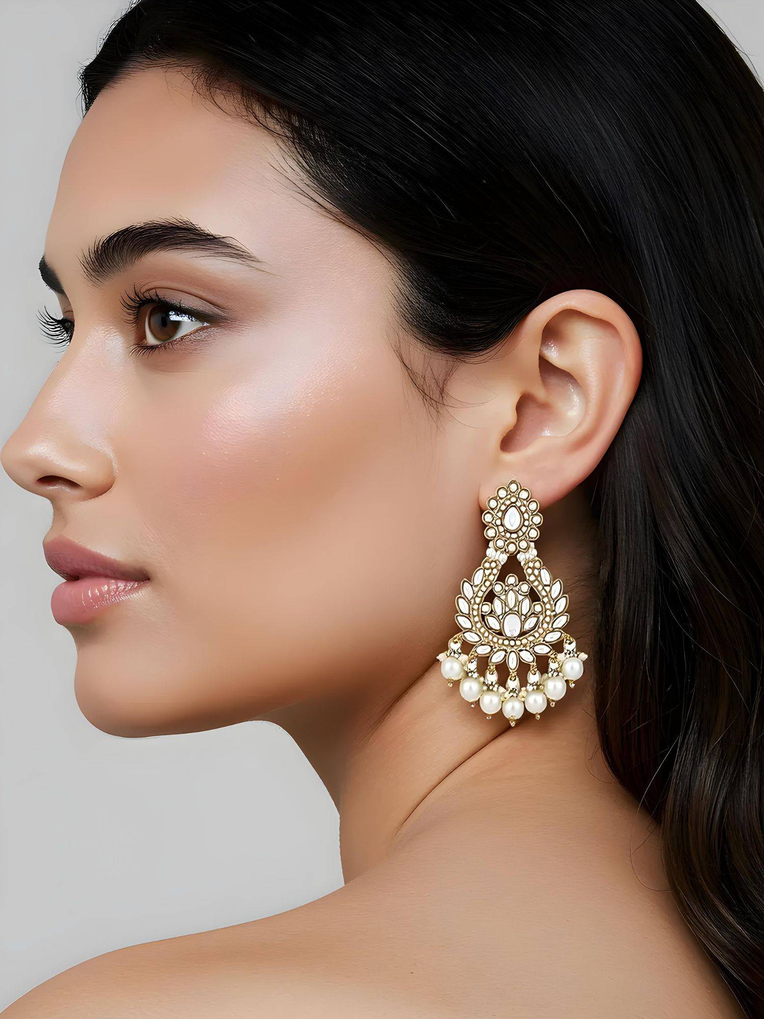 I Jewels Traditional Design Handcrafted Kundan and Pearl White Earrings